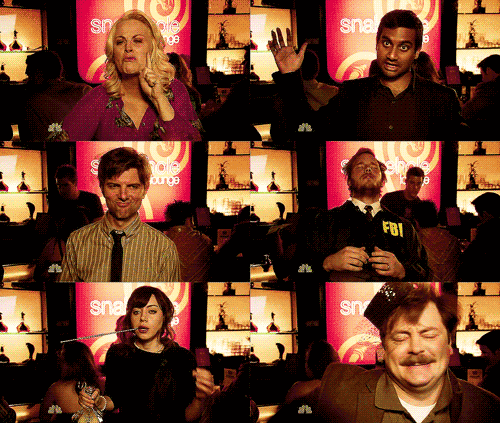 Leslie, Tom, Ben, Andy, April and Ron drunk