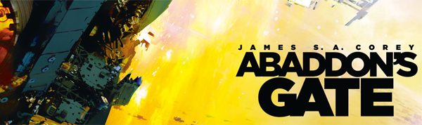 Banner for the cover of Abaddon's Gate with title in bold block letters and James S.A. Corey is smaller block letters