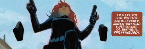 Natasha in action snarking about the other Avengers