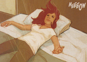 Natasha flops onto a bed.