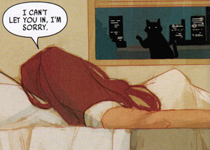 Natasha tells a cat at the window the cat can't come in.