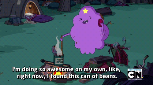purple cloud stirring a can of beans over a fire surrounded by trash