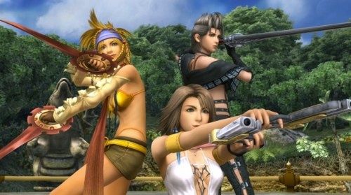 Rikku, Yuna and Paine with weapons