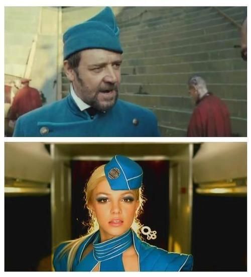 Javert is wearing a bright blue hat and coat and in a picture below him Britney Spears wears a similar outfit that is stylled to look like a flight attendant