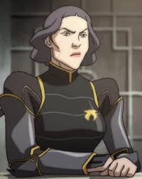 Lin Beifong in her grey police uniform, she has a stern expression on her face