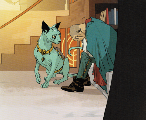 The Will sits on a bed with his face in his hands while Lying Cat looks on in concern.