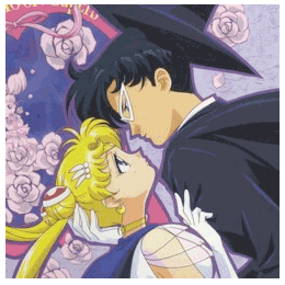 Usagi starring up at Mamuro on a pink and purple field with white roses
