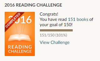A screencap of the 'Reading challenge complete!' button from Goodreads and a chart showing 151/150 completed.