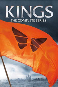 poster of Kings with an orange flag with a black butterfly superimposed over a shot of a body of water with a city in the distance
