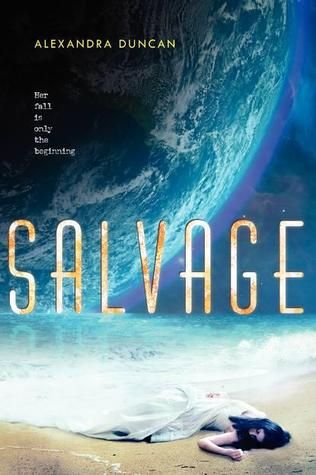 Cover of Salvage, showing a girl on a beach with a close up of a planet in the sky above