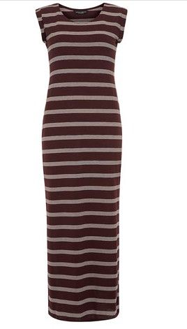 Long striped dress in beige and bordeaux
