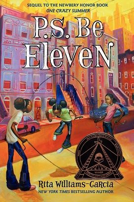 Cover at for PS Be Eleven by Rita-Williams Garcia, showing three black girls skipping rope on a city street, wearing 1960s style bell-bottom jeans