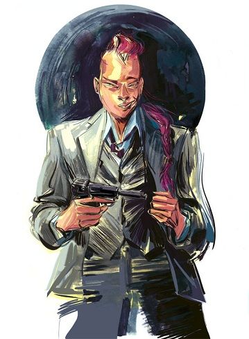 Illustration by Wesley Allsbrook showing Essie with her purple braid wearing a suit and carrying a gun