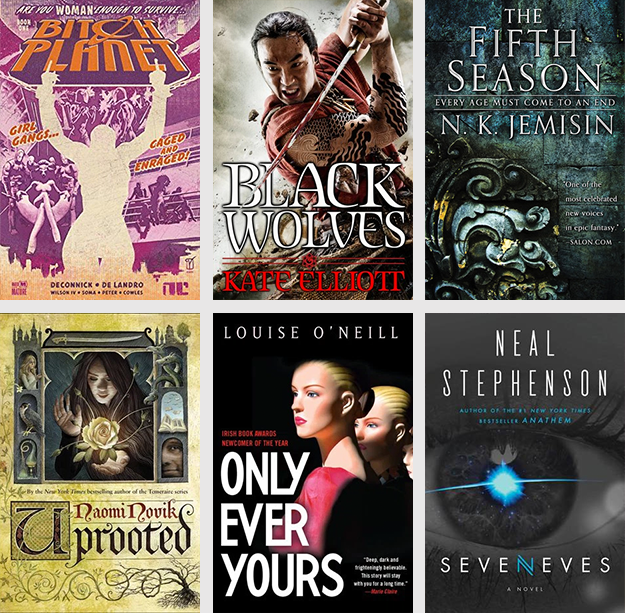 collage of covers for Bitch Planet, Black Wolves, The Fifth Season, Uprooted, Only Ever Yours, and Seveneves