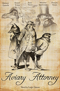 cover of Aviary Attorney with birds in old timey detective gear.
