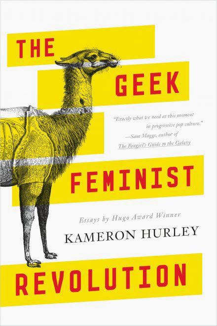 White, yellow and red book cover of Kameron Hurley's The Geek Feminist Revolution featuring an illustration of a llama
