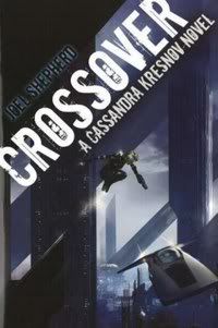 cover of Crossover by Joel Shepherd showing a woman with a gun shooting at a flying vehicle