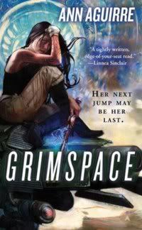 cover of Grimspace by Ann Aguirre showing a woman sitting on a piece of machinery with a weapon in hand
