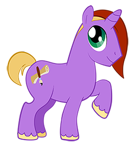 purple unicorn My Little Pony with a short blonde tail, short blonde and red mane, and a parchment and paintbrush cutie mark