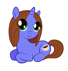 medium dark blue unicorn My Little Pony with medium-length brunette mane and tail, and a steaming cup of coffee cutie mark