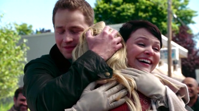 Snow and David hug Emma after the curse has been broken
