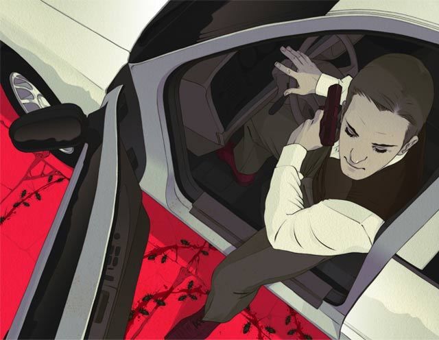 Birds eye view shot of Reza getting out of a car carrying a gun by Goni Montes