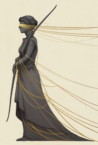 profile of a grey female figure carrying a grey bow, her eyes are covered by a skein of golden threads which trail to the edge of the image's border