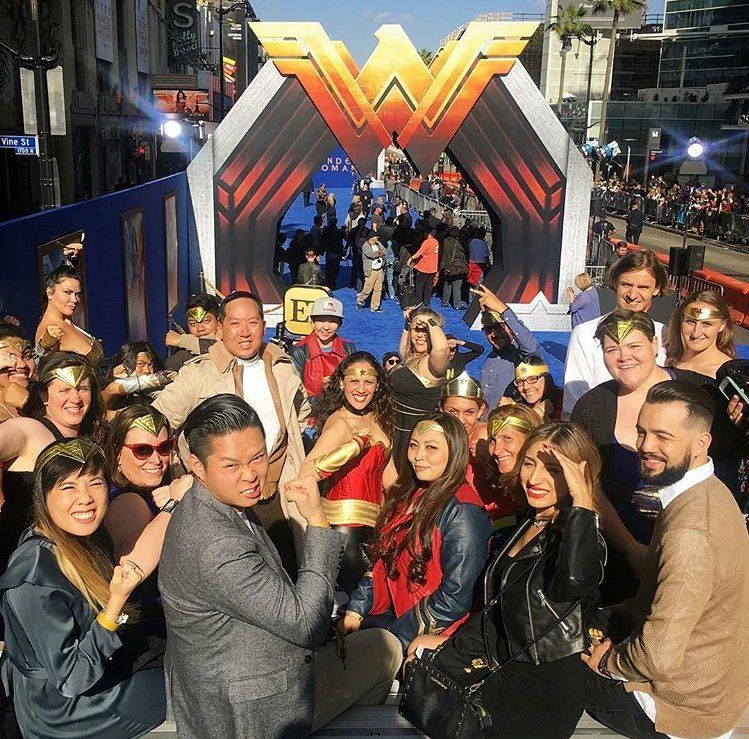 Giant Wonder Woman symbol above the blue carpet at the US premiere
