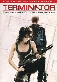 DVD cover showing a Sarah Connor cocking a gun while crouching with her legs spread apart