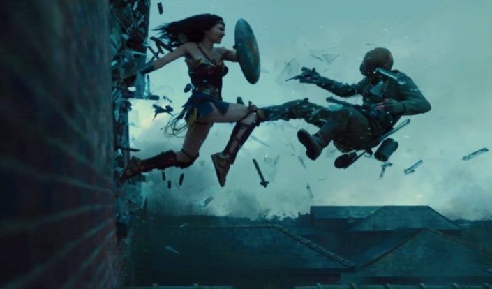 Wonder Woman's fight with an enemy sees them both exploding out of a window
