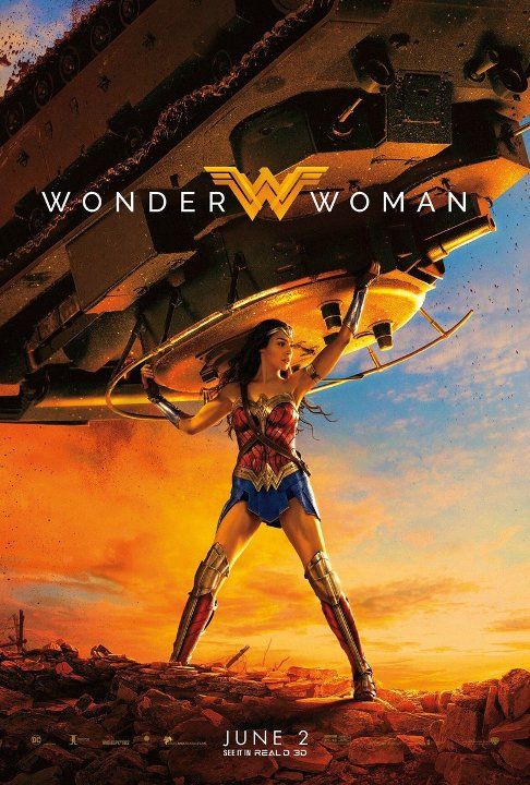 Poster shows Wonder Woman holding a tank upside down