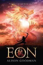 cover of Eon with the silhouette of a girl wielding dual blades against a red background emblazoned with an iridescent dragon