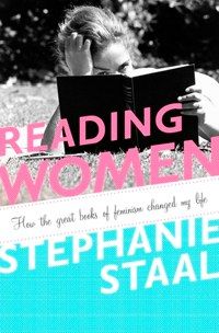 cover of Reading Women with a black and white photo of a woman on the ground reading a book, with pink text and a blue bottom with the author's name in white.