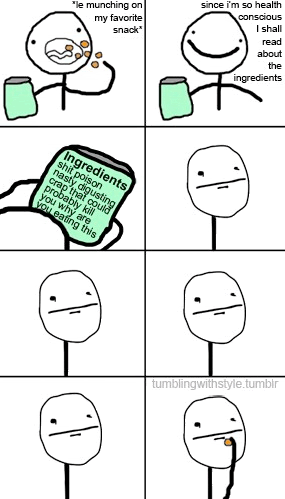 stick figure eating snack who reads the label and realizes that it is unhealthy but slowly continues to eat regardless