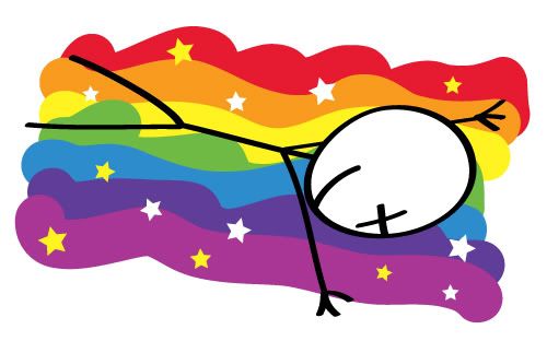 stick figure lying face down on a rainbow sprinkled with multicolored stars