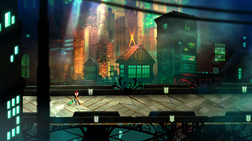Transistor screenshot: Cloudbank, seen from from a bridge
