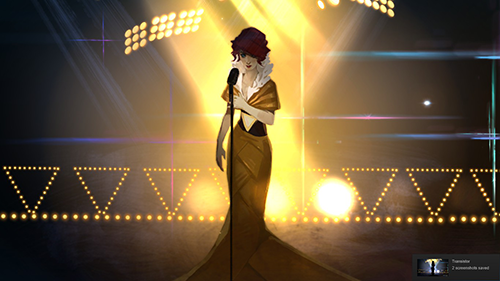 Transistor screenshot: Last Night cutscene, Red about to sing onstage