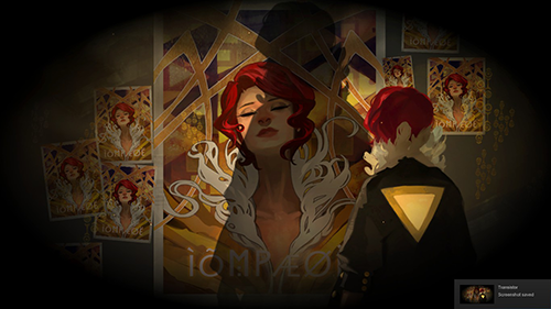 Transistor screenshot: Red looking at a poster of herself