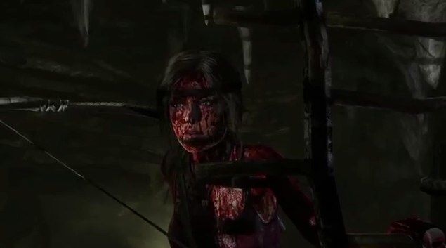 Lara hiding while covered in blood