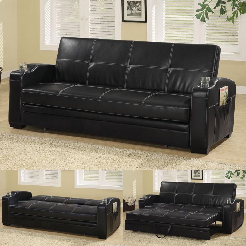 ... Leather Sofa Bed Sleeper Lounger w/ Storage Cup Holders Pop Up Trundle