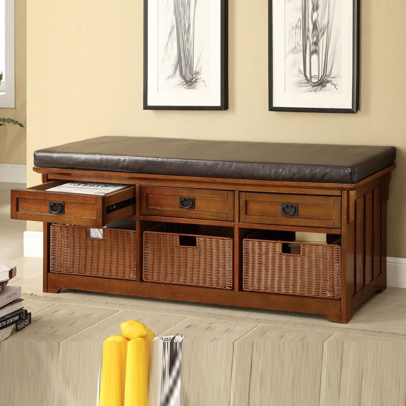 Large Oak Functional Entryway Storage Bench w/ Drawers Baskets Soft