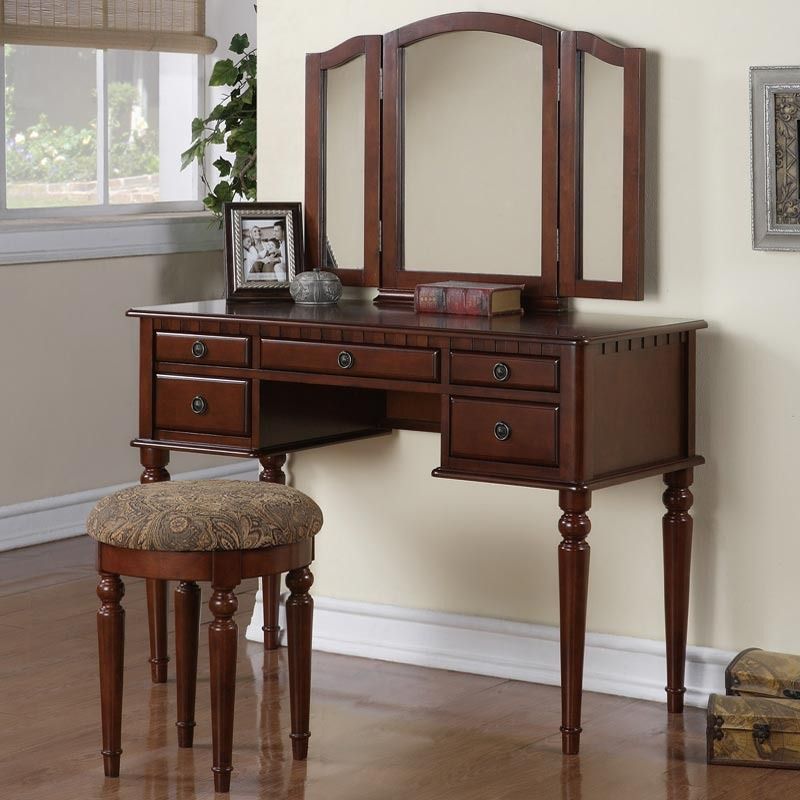 Tri Folding Mirror Cherry Wood Vanity Set Make Up Table with Stool and