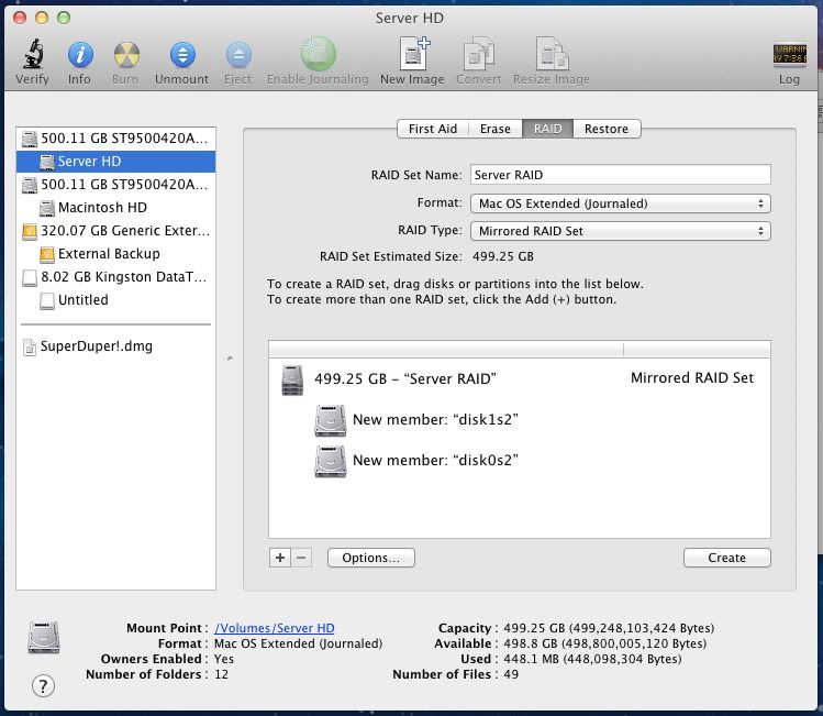 This is what you should see after dragging both drives to the Server RAID. serverraidcompil How to Setup a RAID 1 in Mac OS X Lion Server