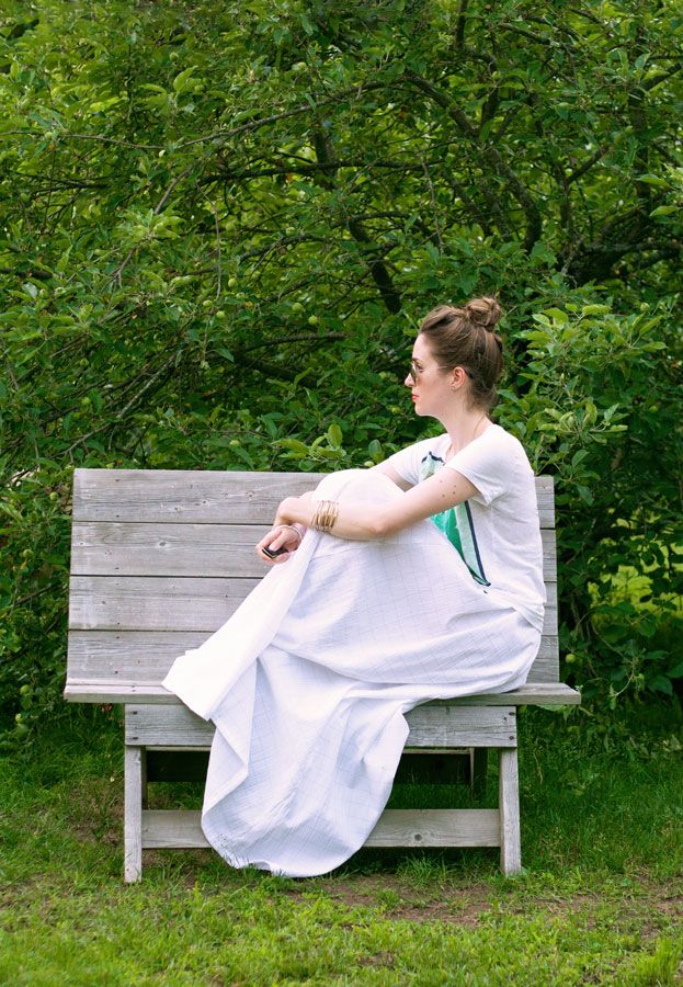 white homemade maxi skirt linen j.crew tee
