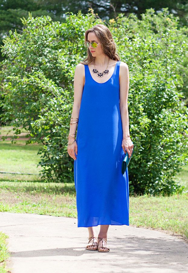 laura wears midi cobalt silk maxi dress