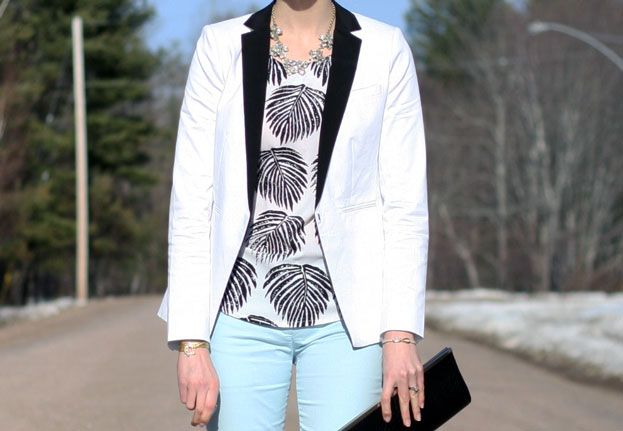 Club Monaco blazer SheInside leaf print top